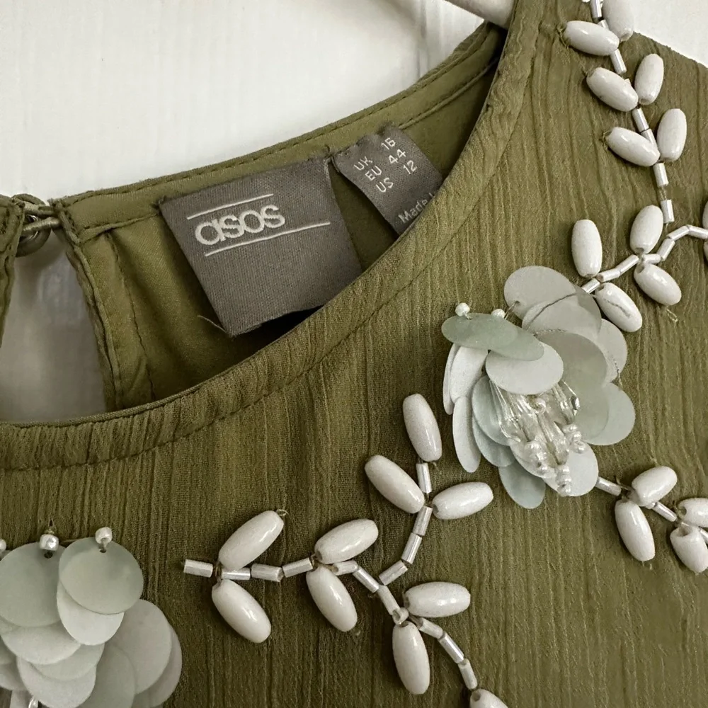 BNWOT Olive Green Dress with Floral Beading - Picture 4 of 7